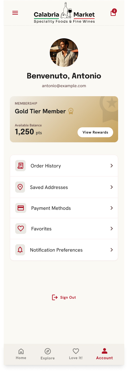 Calabria Market account profile screen